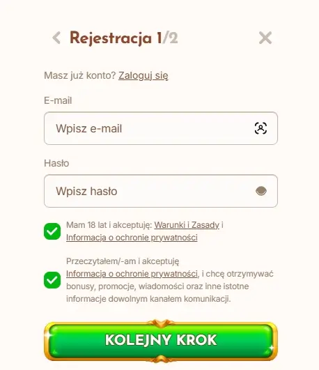 formularz rejestracyjny Bethall Casino drugi krok